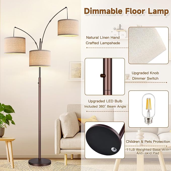Dimmable Floor Lamp, 3 Lights Brown Arc Floor Lamp, Modern Tall Standing Tree Lamp with Beige Linen Shades & Heavy Base, 3000LM LED Bulbs, Bright Lighting for Living Room, Bedroom, Office & Reading