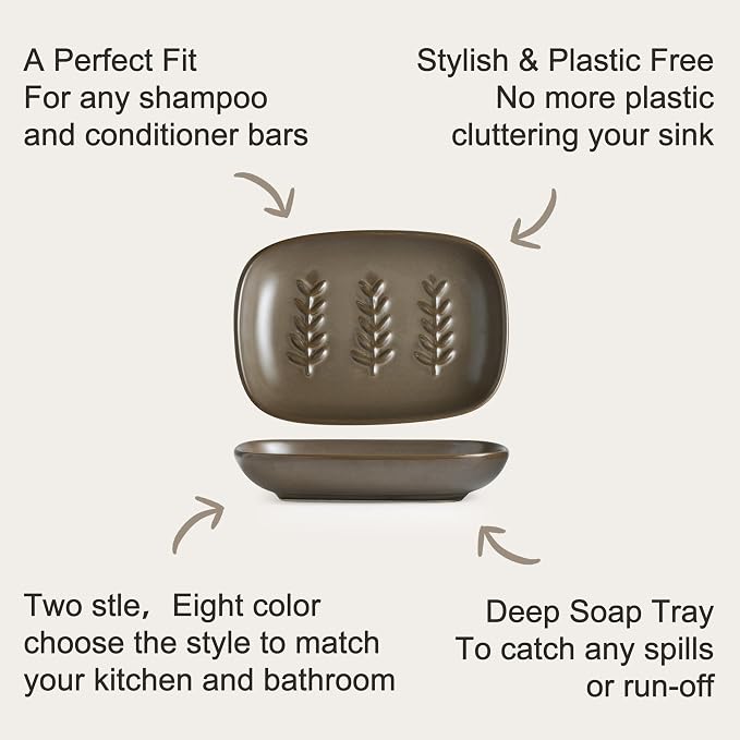 Miamolo Soap Dish Soap Holder Shower, Ceramic Soap Dishes for Bar Soap Sponge, Farmhouse Shower Soap Dish, Large Soap Saver Tray for Bathroom Kitchen Sink, Easy Cleaning, Extend Soap Life, Brown