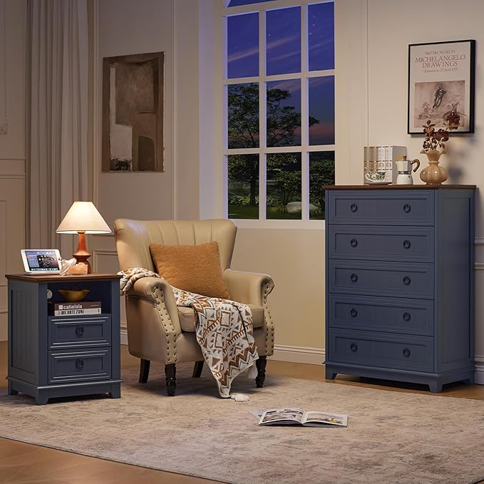 Farmhouse Chest of Drawers with Storage, 42" Tall Dresser for Bedroom, 5 Drawer Navy Blue Dresser with Metal Handle, Organizer Closet for Living Room, Hallway, Entryway