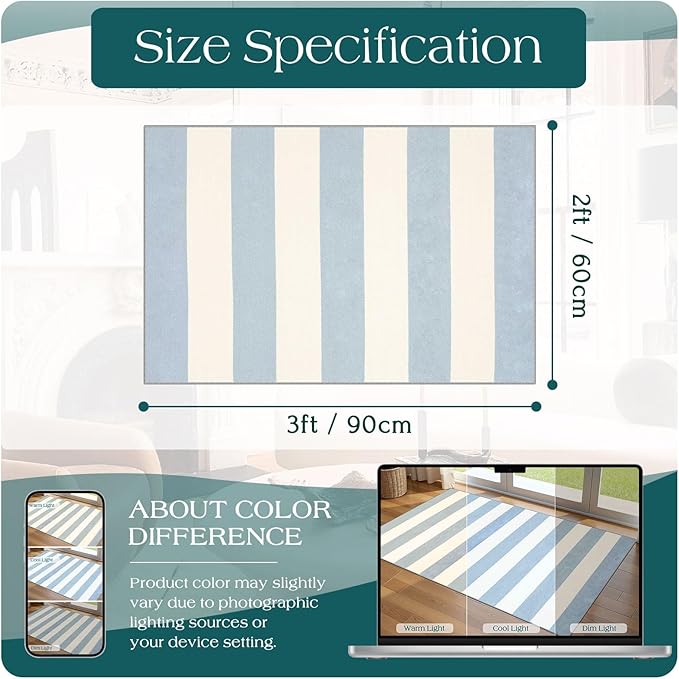 Front Door Mat Outside Entrance - 2x3 Sky Blue White Non-Slip Washable Doormat Indoor Outdoor Entrance Striped Rug Small Throw Rugs for Entryway Bedroom Kitchen Laundry Room Summer Porch Decor