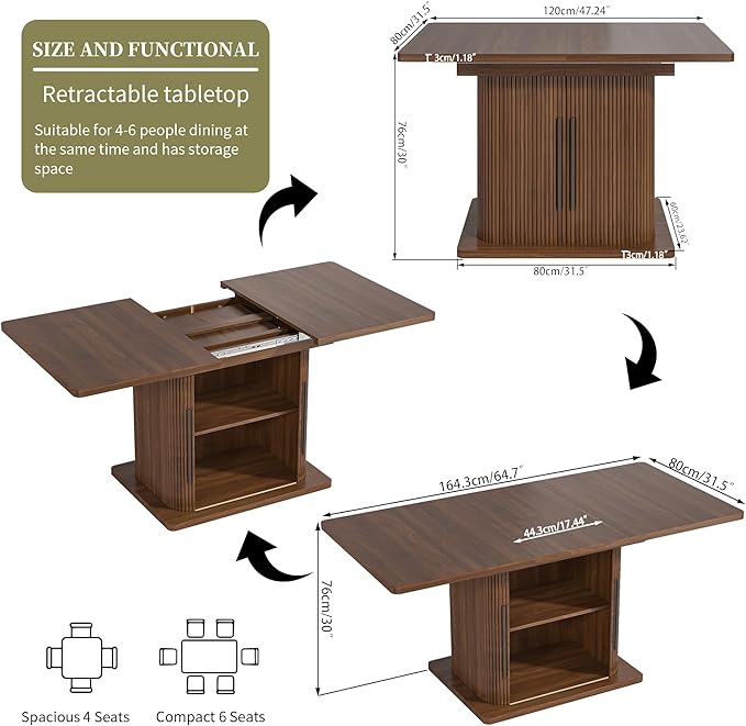 Extendable Dining Room Table for 4-6, 47-65 Inch Rectangle Kitchen Dining Table with Large Storage, Fluted Sliding Door, Expandable Mid Century Modern Dinner Furniture, Living Room, Walnut, Brown