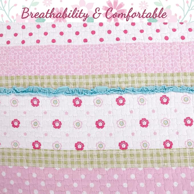 Cozy Line Home Fashions Soft Bright Greta Pastel Design Girl 100% Cotton Reversible Quilt Bedding Set, Coverlet, Bedspread (Queen - 3 Piece)