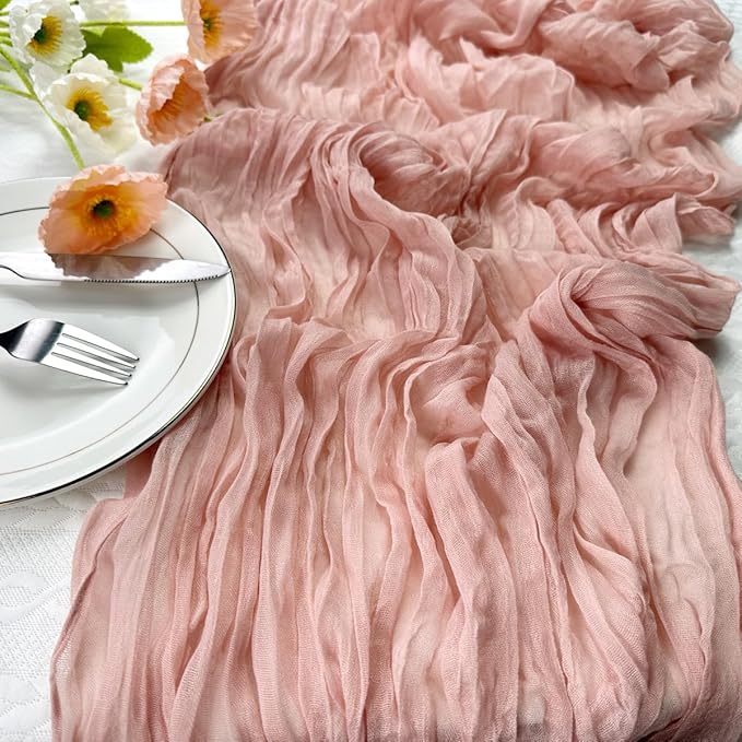 Booque Valley Dusty Pink Cheesecloth Table Runner 10ft Super Soft Boho Wrinkled Gauze Sheer Cloth for Baby Shower Baptism Birthday Party Wedding Centerpiece Table Decoration, 35x120 Inch