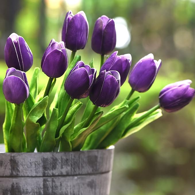 FiveSeasonStuff Real Touch Tulips Artificial Flowers – 15 Stems Faux Tulip Bouquet in Gift Box for Wedding, Home Decor, Party, Floral Arrangements (Sweet Plum Purple)