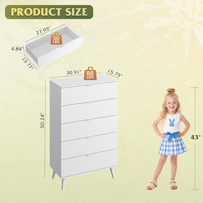 WLIVE 5 Drawer Dresser for Bedroom, Tall Wooden Dresser, White Dressers Storage Organizer with Sturdy Metal Handle, Chest of Drawers for Living Room, Hallway, Closet