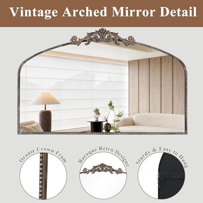 Vintage Black Arched Mirror 48"X30", Large Antique Baroque Mantel Wall Mirror with Black Brush Gold Metal Ornate Frame for Entryway/Fireplace/Living Room/Hallway/Bathroom/Bedroom