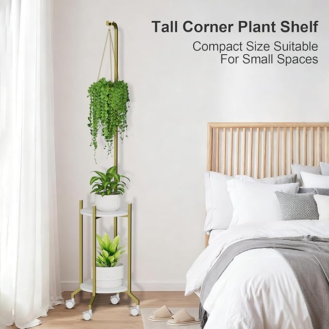 VyGrow Plant Stand Indoor, 2 Tier Hanging Tall Plant Shelf with Wheels, 3 Potted Corner Flower Stand Metal Plant Holder, Plant Shelves for Living Room, Bedroom, Patio, Outdoor, Gold