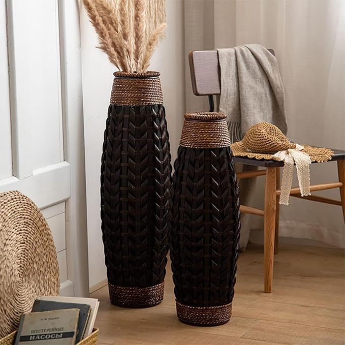 28.9''H Rustic Tall Woven Bamboo & Rattan Floor Vase – Decorative Standing Accent Vase for Dried or Silk Flowers, Farmhouse & Boho Home Decor for Living Room or Entryway (Black & Brown, Large)