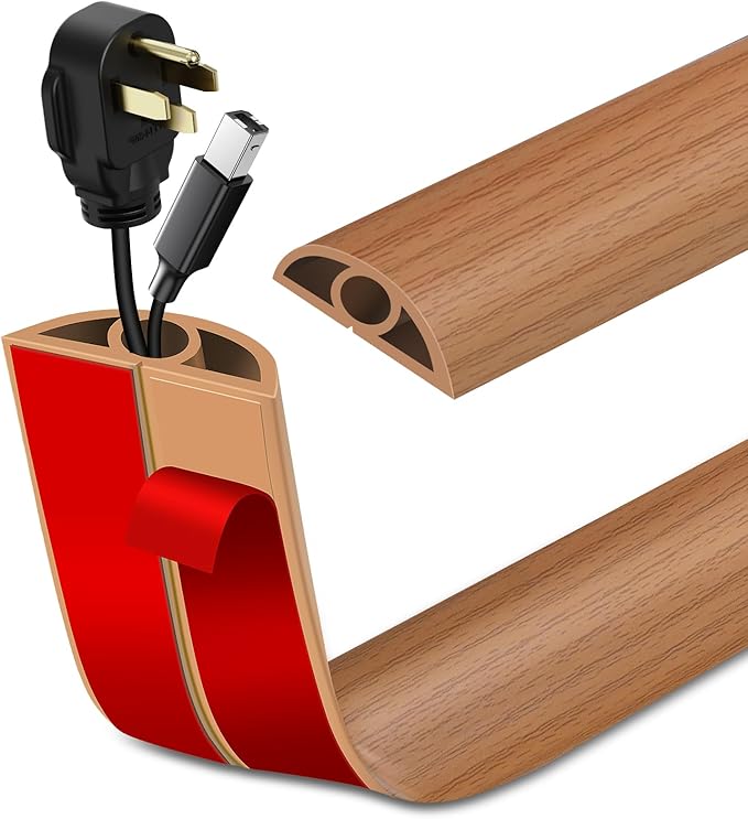 Floor Cord Cover Self Adhesive Cord Hider Floor Extension Cord Covers for Floor Power Cord Protector Cable Management Prevent Cable Trips Cable Cavity 0.32" W x 0.32" H (Light Brown Wood, 10Ft)