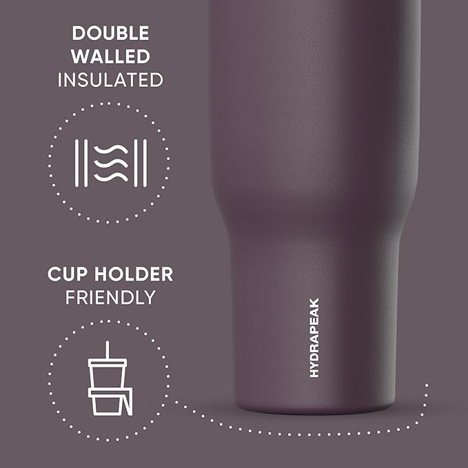 Hydrapeak Voyager 40 Oz Stainless Steel Tumbler with Handle, Insulated Water Bottle With Straw & Lid, Cupholder Friendly Reusable Travel Mug (Midnight Plum)