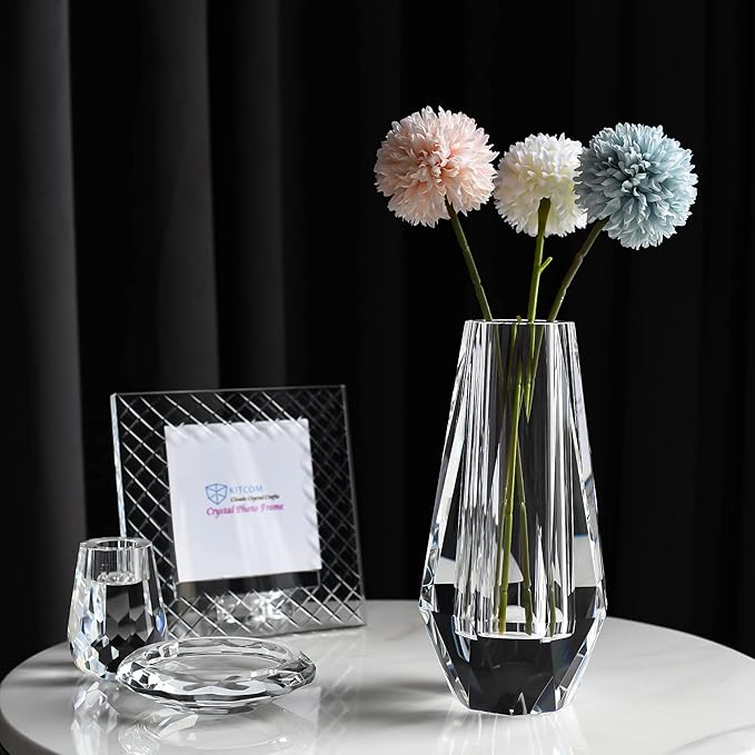kitCom Flower Crystal Vase, 8.27 inches Modern Crystal Vase, Lead-Free Flower Vase, European Crafted for Table, Home Decoration, Wedding or Luxury Gifts, 8.27 x 3.94 x 3.94 Inches