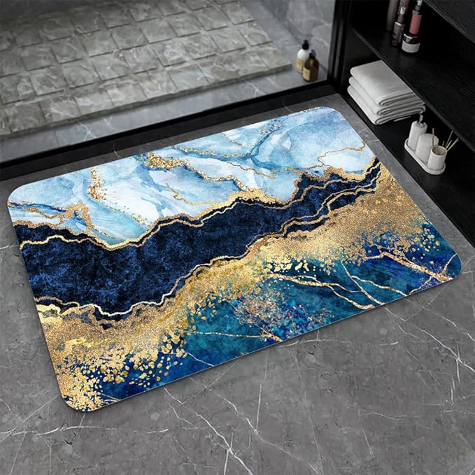 Diatomaceous Earth Bath Mat,Blue White Black and Gold Marble Non-Slip Volume Super Absorbent Fast Drying for Bathroom Kitchen Door mat,Eco-Friendly Easy to Clean 20×31Inch (50 * 80cm)
