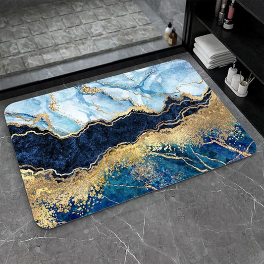 Diatomaceous Earth Bath Mat,Blue White Black and Gold Marble Non-Slip Volume Super Absorbent Fast Drying for Bathroom Kitchen Door mat,Eco-Friendly Easy to Clean 20×31Inch (50 * 80cm)