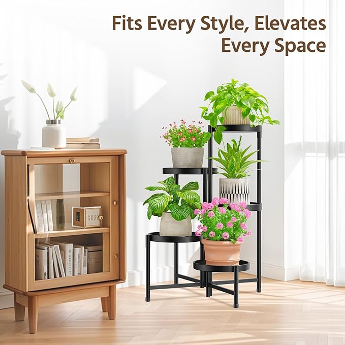LASZOLA 5 Tier Large Plant Stand Indoor Tall with 10 Inch Metal Tray, Corner Folding Flower Display Rack, Modern Plant Holder Shelf for Outdoor Patio Porch Garden Office Living Room, Black