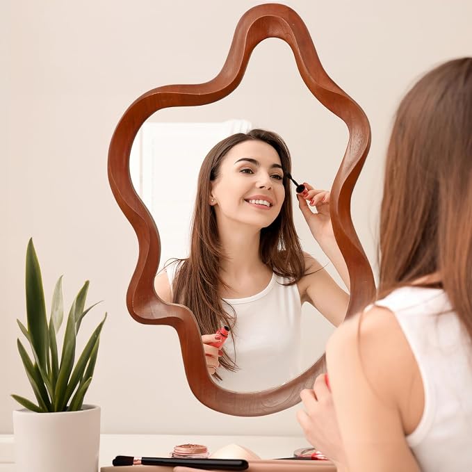 Irregular Wall Mirror,21"x 32"Asymmetrical Mirror Wood,Wooden Framed Wall Mirror,Modern Large Vanity Bathroom Mirror,Walnut Wavy Mirror for Entryway,Bedroom,Living Room,Washroom