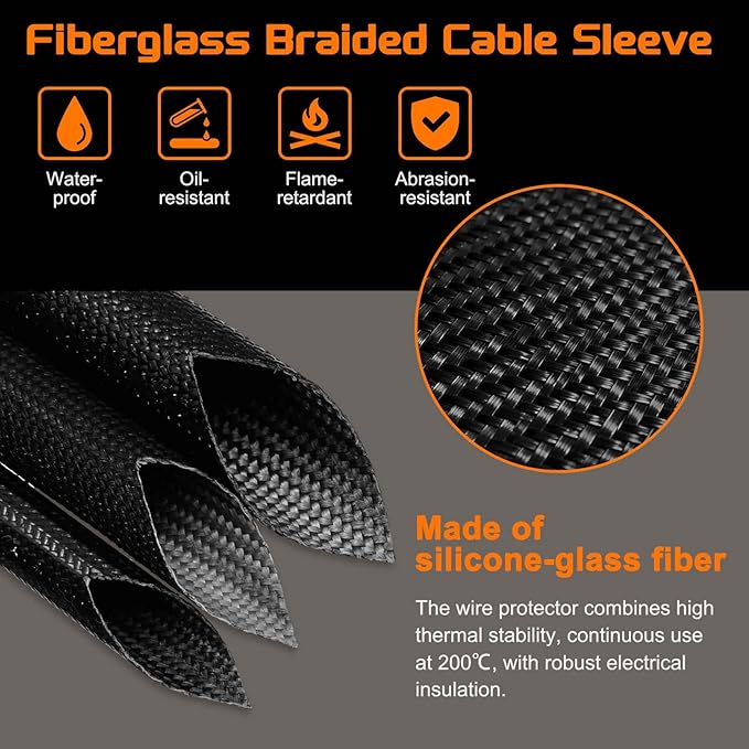 MECCANIXITY 10ft Braided Cable Sleeve, 0.7" ID 200C High Temperature 1500V Fiberglass Wire Insulation Cord Protector Organizer Wires Management for Motor Engine Fuel Line, Black