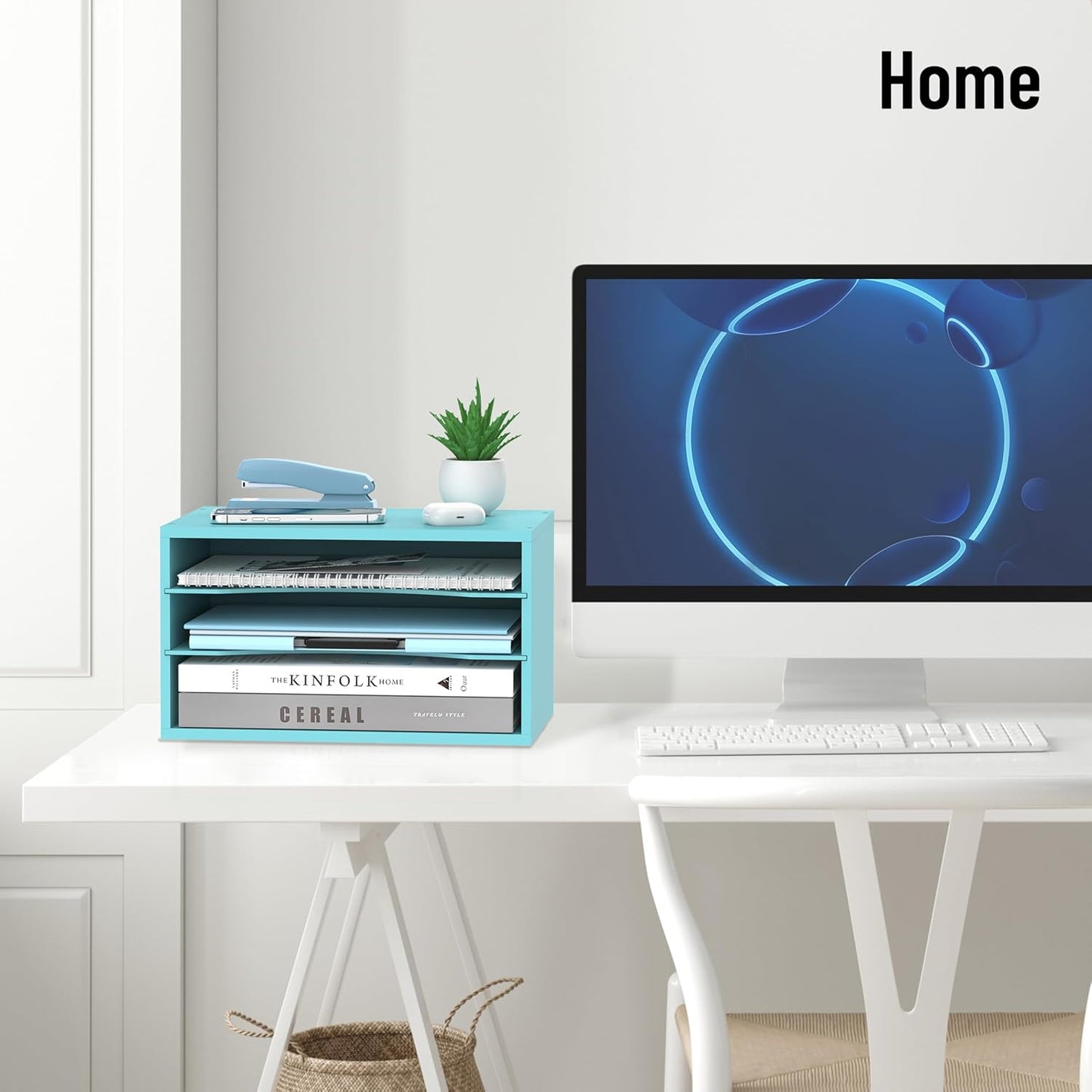 Skiennix Wood Desk Organizer - 3-Tier Adjustable Paper Tray for Office & Home | Blue
