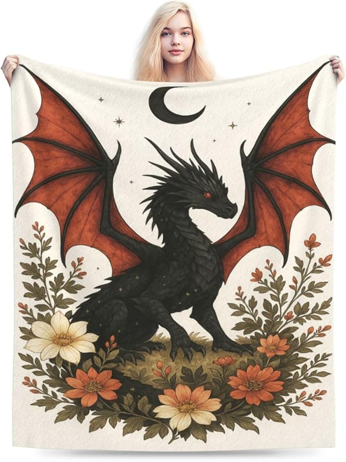 Black Dragon Blanket Floral Dragon Throw Blanket Soft Cozy Fleece Fuzzy Stuffed Plush Flannel Gifts for Girls Women Boys Kids Adults 60"X80"