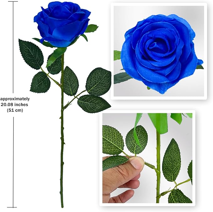 12 PCS Rose Artificial Silk Flowers, Fake Roses with Long Stems Realistic Faux Rose Flower Bouquets for Home Wedding Decoration Party-Sapphire Blue