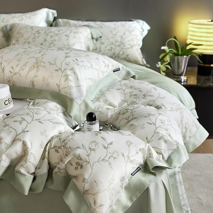 VM VOUGEMARKET Lyocell Duvet Cover Set Queen with Green Floral Pattern,Silk-Like Smooth & Cool Comforter Cover Set with Corner Ties-Queen,Mint Green