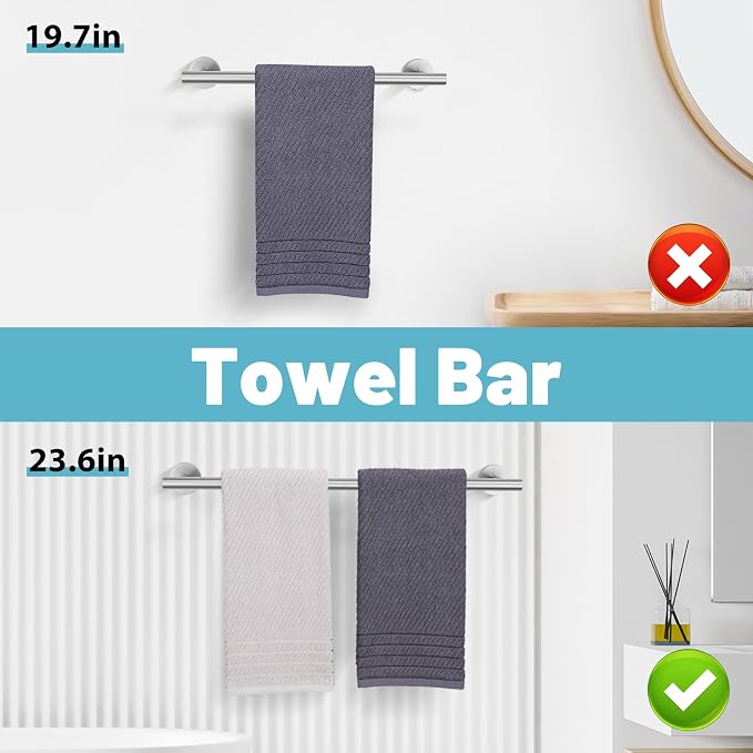 10 Pieces Brushed Nickel Bathroom Hardware Accessories Set SUS304 Stainless Steel Towel Bar Holder Set, 23.6Inch Towel Racks for Bathroom, Robe Towel Hooks, Toilet Paper Holder Wall Mounted