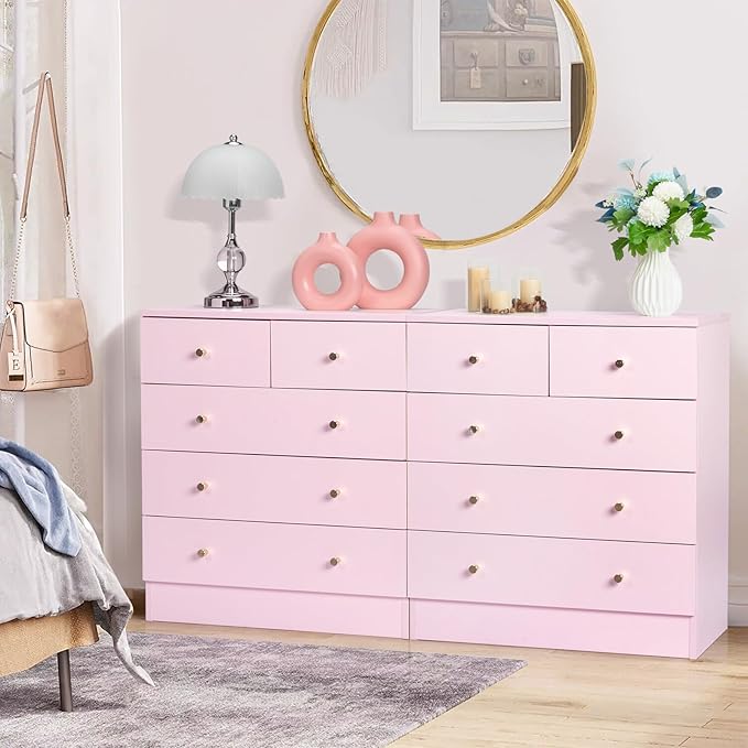 Karl home Pink 5 Drawer Dresser for Bedroom, Modern Wood Dresser Chest of Drawers, Pink Bedroom Dressers for Girls, Anti-Tipping Device, Rose Gold Metal Handle, Living Room, Entryway, Hallway, Office