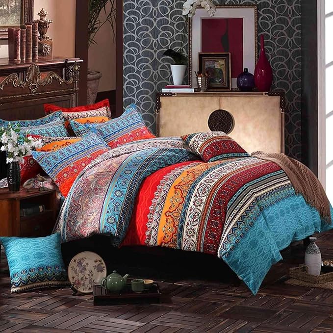 Bohemian King Comforter Set - Soft Chic 3 Piece Bedding, Lightweight Exotic Red Teal Mandala Colorful Vintage Bed Set for All Seasons (King, Boho)