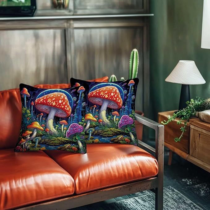 Mushroom Throw Pillow Covers 18x18 Set of 2, Hippie Decorative Square Cushion Cases for Sofa and Couch, All Seasons Pillowcases for Living and Bed Room