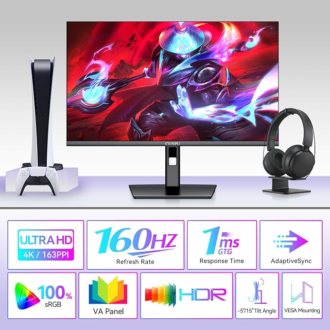 27 Inch 4K 144/160Hz Gaming Monitor, UHD 3840x2160 Fast IPS Panel PC Monitor, 135% sRGB, HDR400Nit, Freesync & G-sync, Support PS5 Xbox 4K 120Hz, HDMI 2.1,DP 1.4, Height/Vertical Adjustment