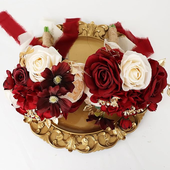 Bridesmaid Bouquets for Wedding, 9 Inch Luxury Artificial Flowers Bouquets for Ceremony Anniversary Centerpieces Decorations -Burgundy & Gold & White