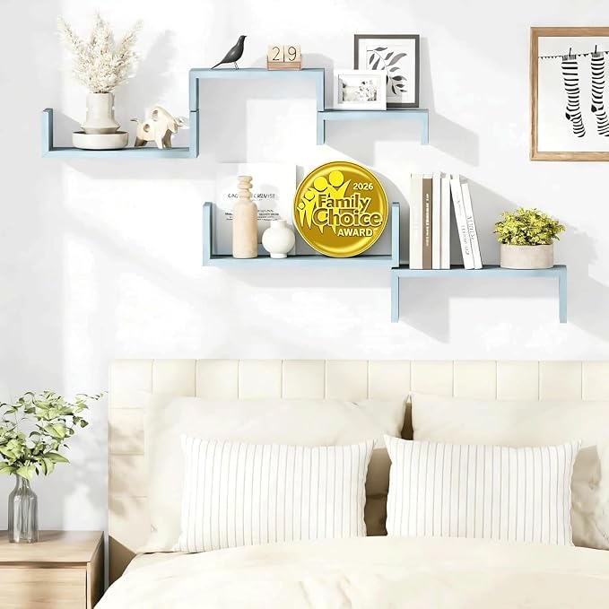 SRIWATANA Floating Shelves for Wall, Wall Shelves for Bathroom, Bedroom, Living Room, Kitchen, Office, Wood Shelves for Wall Decor Set of 5 (Blue)
