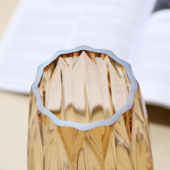 Glass Vase - Modern Ribbed Glass Vase for Flowers, Candles, and Decorative Accents -Black Grey, Amber, Clear and Colored Tall/Short Glass Vase for Centerpieces Home Table Decor (Amber, H-7.87inch)