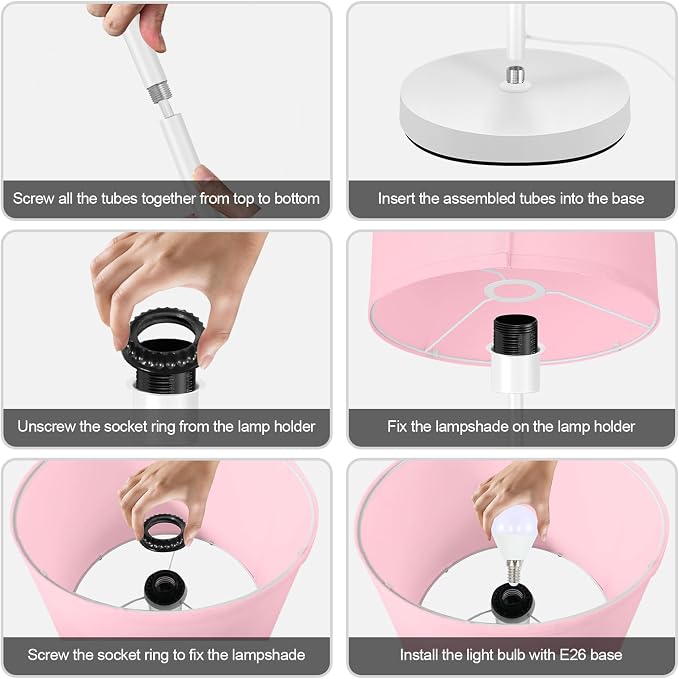 Floor Lamp, Standing Lamp, Short Floor Lamps with Pink Lampshade, 59" Tall Lamps for Bedroom, Foot Switch, Simple Corner Pole Lamp for Kids Room, Girls Room, Living Rooms, Office(NO Bulb, E26 Base)