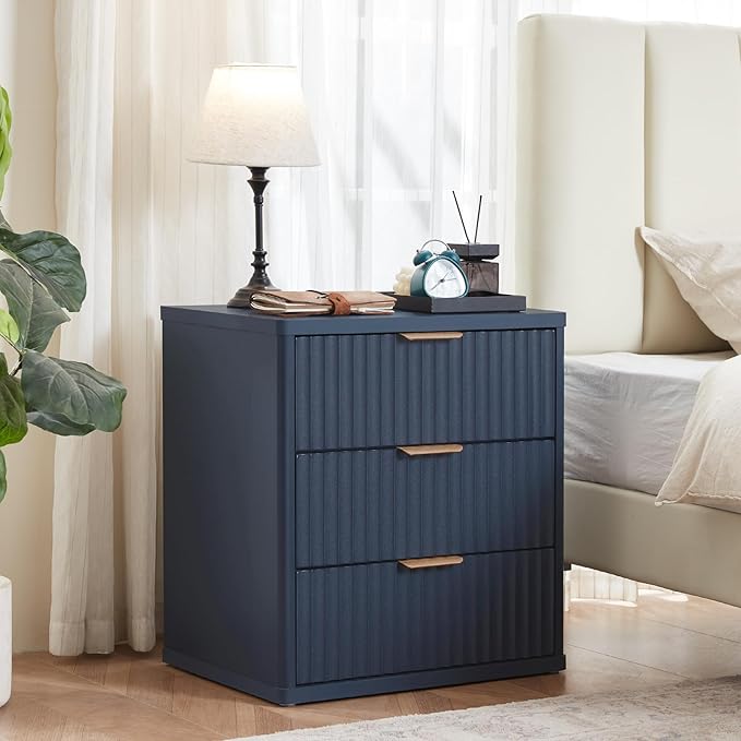 LEYAOYAO Fluted Nightstand with Charging Station, 23" Modern Night Stand with Woodgrain Top, 3 Drawers End Table w/Storage, Bedside Tables for Bedroom, Living Room, Curved Profile Design, Blue