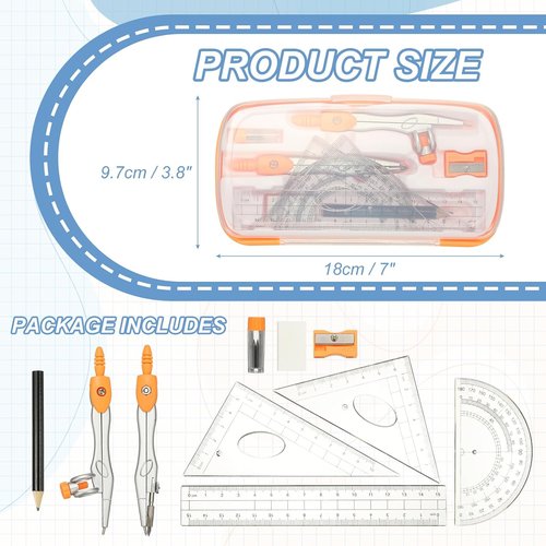 PATIKIL Geometry Tool Set - 11-Piece Precision Compass Kit with Shatterproof Storage Box | Orange