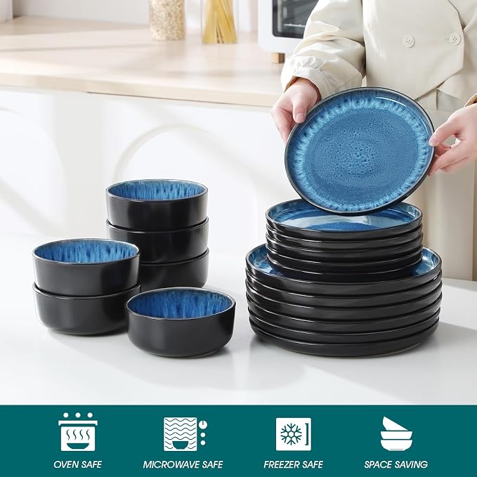 vancasso PLAYA Plates and Bowls Sets, 18 Pieces Blue Dinnerware Sets for Kitchen, Reactive Glaze Dishes Set for 6, Dishwasher and Microwave Safe