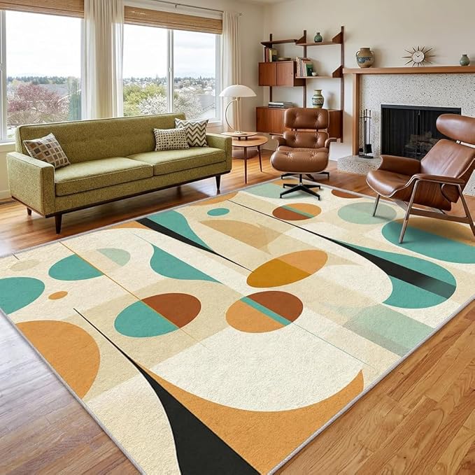 Retro Mid Century Rug 8x10, Washable Modern Geometric Rugs for Living Room Bedroom, Abstract Mid-Century Area Rug for Home Decor, Non Slip Backing Floor Carpet - 8 x 10 ft