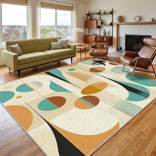 Retro Mid Century Rug 8x10, Washable Modern Geometric Rugs for Living Room Bedroom, Abstract Mid-Century Area Rug for Home Decor, Non Slip Backing Floor Carpet - 8 x 10 ft