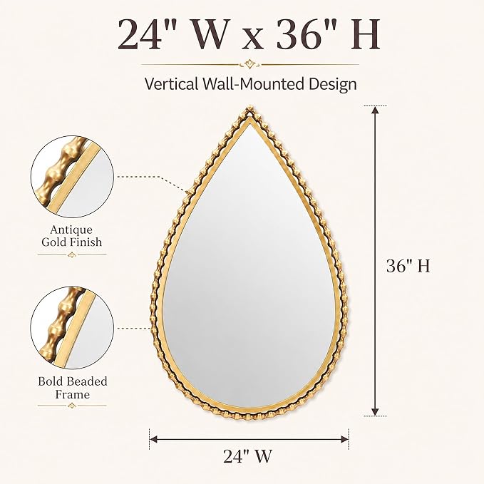 24x36 Inch Large Teardrop Wall Mirror with Bold Antique Gold Beaded Iron Metal Frame, Pointed Arch Vertical Vanity Mirror for Bathroom, Entryway, Bedroom, Living Room Wall Mounted