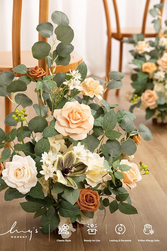 Ling's moment 17.5" Tall Standing Artificial Flowers Arrangements 2 pcs Wedding Aisle Runner Chair Decorations Apricot & Soft Peach Centerpieces for Ceremony Reception Rose Floral Party Outdoor