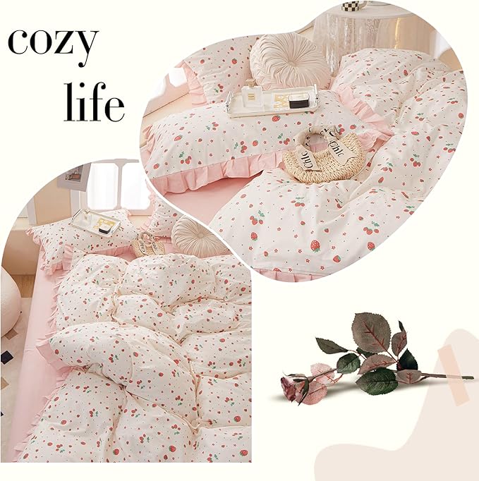 LifeTB Ruffle Pink Strawberry Duvet Cover King 100% Cotton Floral Lace Duvet Cover Cute Floral Bedding Set Kawaii Strawberry Ruffle Comforter Cover Romantic Princess Bedding Cover with 2 Pillowcases