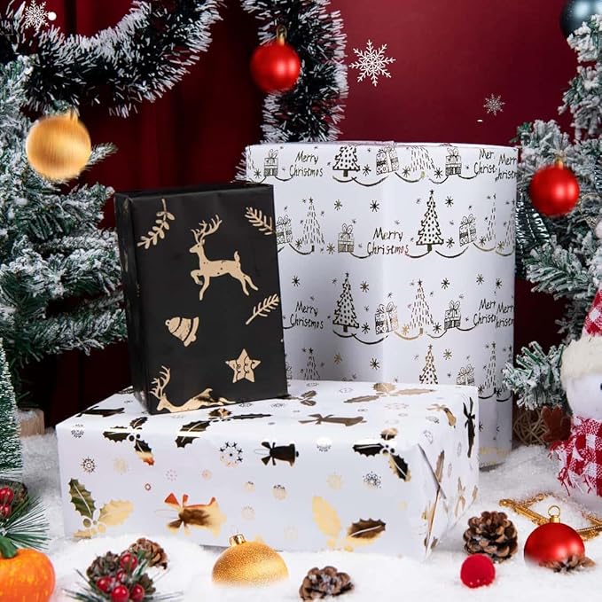 Linnoptimix Christmas Wrapping Paper Rolls -3 LARGE ROLL-27inch*78 inch per roll Colorful Foil Gold White Black Wrapping Paper (Christmas 2 White/Gold + 1 Black/Gold（004）)
