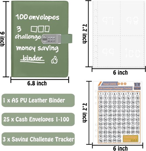 Antner Money Saving Challenge Envelopes - A5 Savings Binder with Password Lock & Tracker, Olive Green