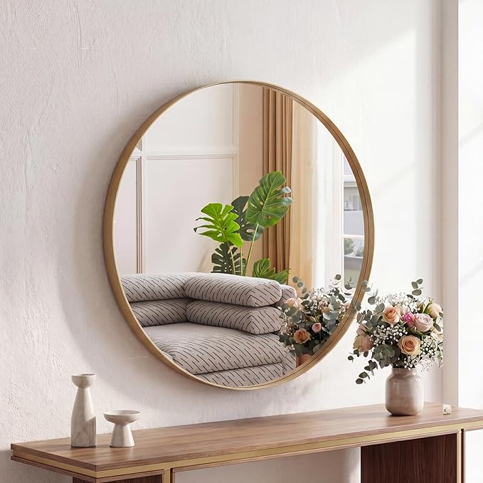 Sweetcrispy Bathroom Round Mirrors for Over Sink, 24 Inch Wall Circle Mirror with Matte Metal Frame, Modern Wall Mount Vanity Mirror for Home Decor, Living Room, Bedroom, Gold