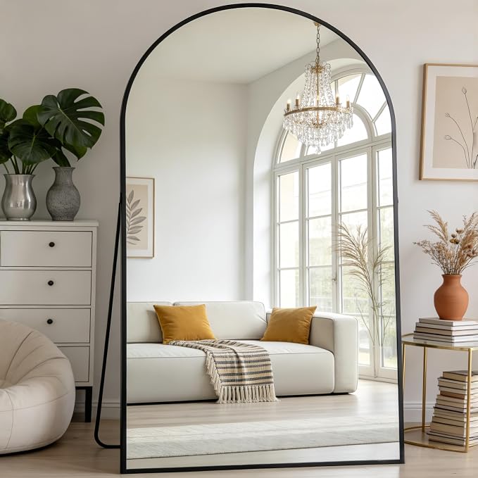 Dewfig Arched Full Length Mirror, 86"x46" Large Floor Mirror with Stand, Oversized Full Body Mirrors for Standing/Leaning/Hanging, Wall Mounted Mirrors for Bedroom, Living Room,Dressing Room, Black