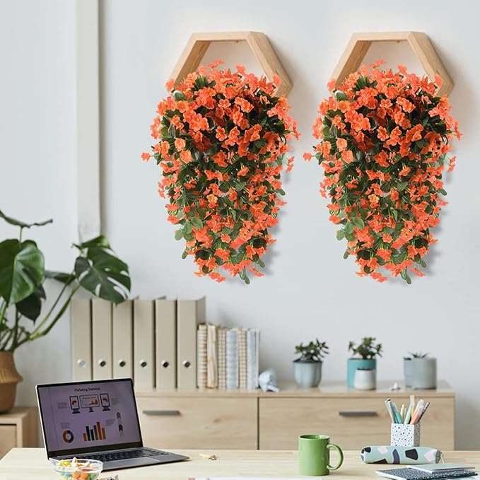 Artificial Fake Hanging Flowers Plants for Outdoor Fall Decoration, 2PCS Faux Silk Violet UV Resistant Look Real Trailing Vines for Outside Home Planter Porch Patio Mums Autumn Decor(Orange)