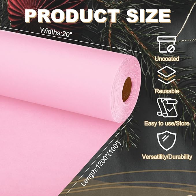 PATIKIL Wrapping Paper, 20"x1200"(100') Bulletin Board Paper Roll Kraft Paper Roll Construction 80GSM for Shipping Packing Gift Wrapping Craft Flower Bouquet Christmas, Pink