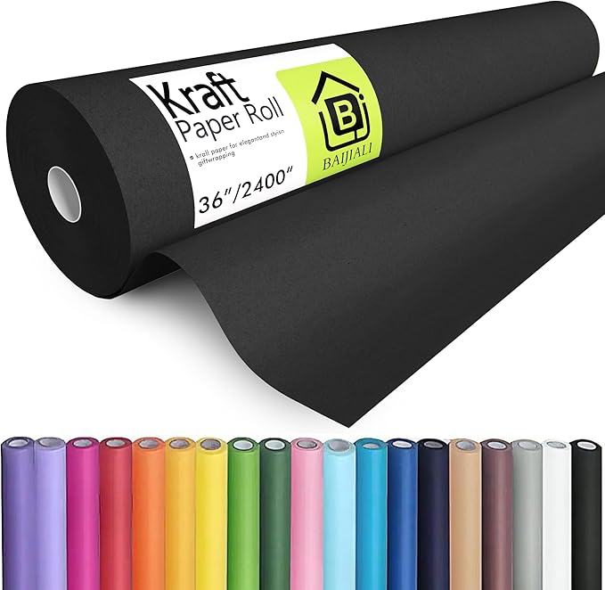 BAIJIALI 36" x 2,400" (200') Kraft Paper Roll for Craft Bulletin Board Paper Art Table Covering Crafting Gift Wrapping Bouquet Packing Parcel (Black, 36" x200')