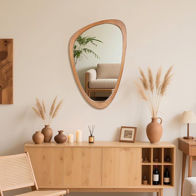 Irregular Wall Mirror Asymmetrical Bathroom Mirror, Wall Mounted Decorative Mirror with Wooden Frame for Living Room, Vanity, Bedroom, Entryway, Hallway (19" x 30")