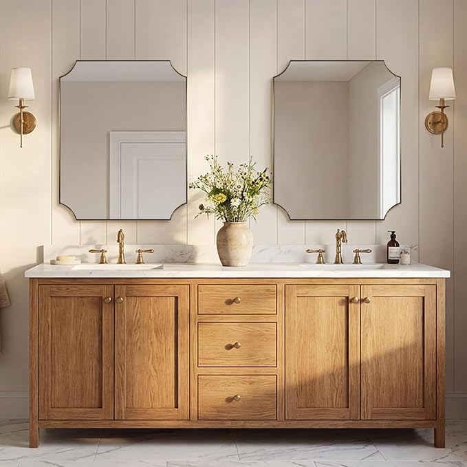ANDY STAR 24x30 Inch Gold Mirror, Bathroom Vanity Mirrors, Antique Champagne Bronze Mirror with Rusprooft Stainless Steel Thin Frame, Aesthetic Scalloped Corners, Designed for Bathroom Remodel
